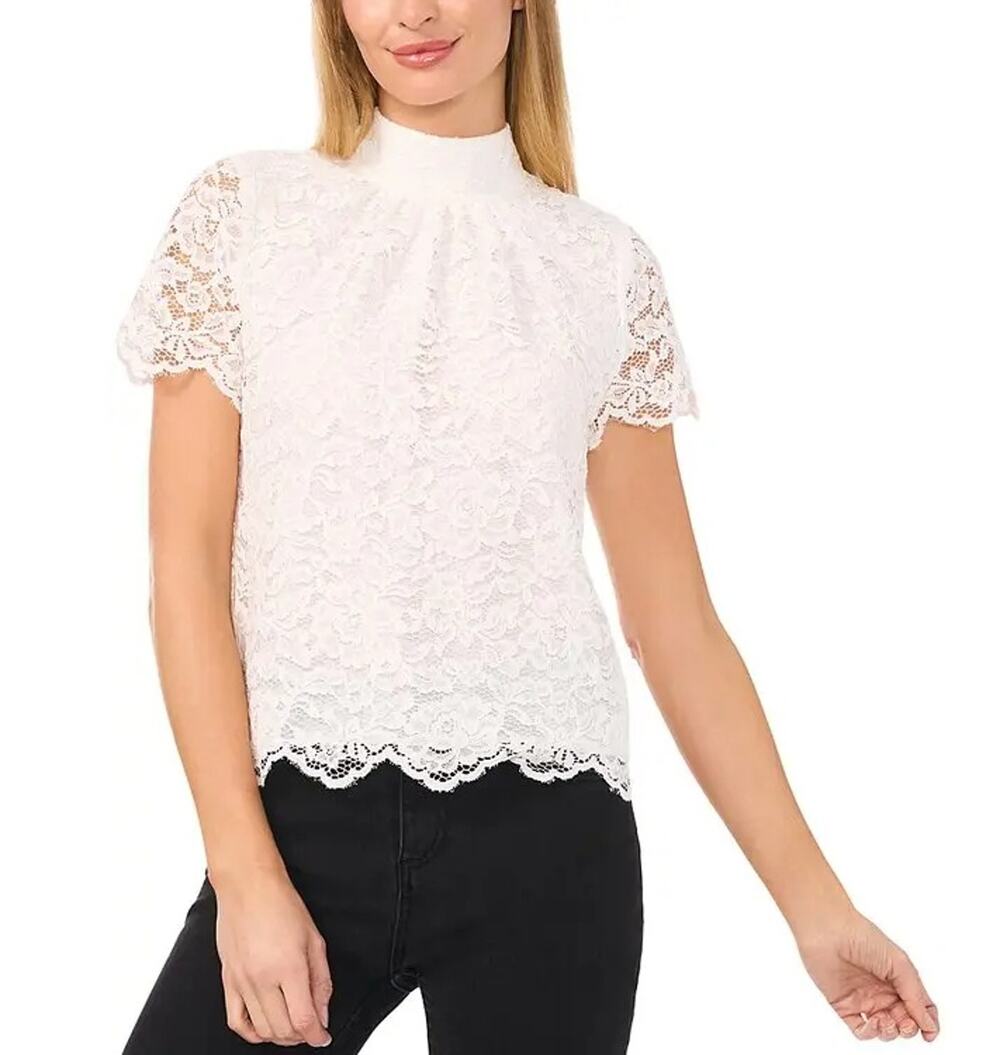 CeCe Women White Floral Lace Mock Neck Tie Cap Sleeve Elegant Blouse Size XL
